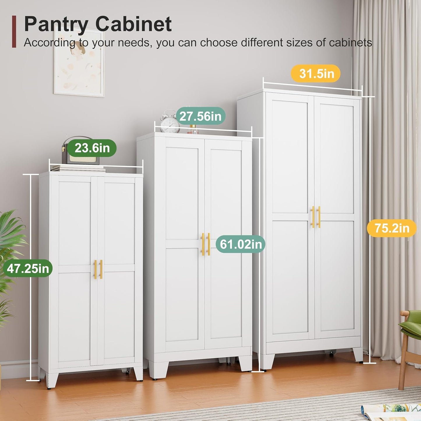 Metal Pantry Cabinet with 2 Doors and Adjustable Shelves, Kitchen Storage cabinets with Gold