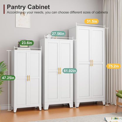 Metal Pantry Cabinet with 2 Doors and Adjustable Shelves, Kitchen Storage cabinets with Gold
