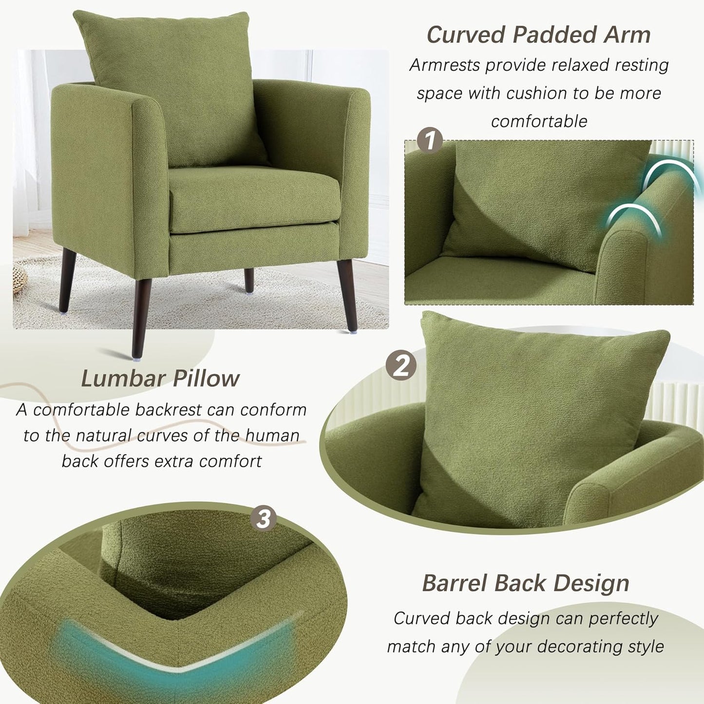 Barrel Accent Chair with Back Pillow, Large Upholstered Armchair with Solid Wood Legs Modern