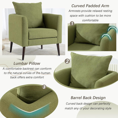 Barrel Accent Chair with Back Pillow, Large Upholstered Armchair with Solid Wood Legs Modern
