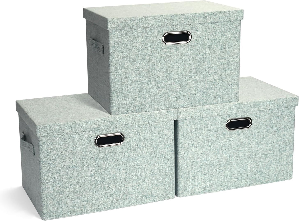 Large 17" 36 Quart Collapsible Stackable Storage Bins with Lids, 3 Packs Light Green Linen Fabric