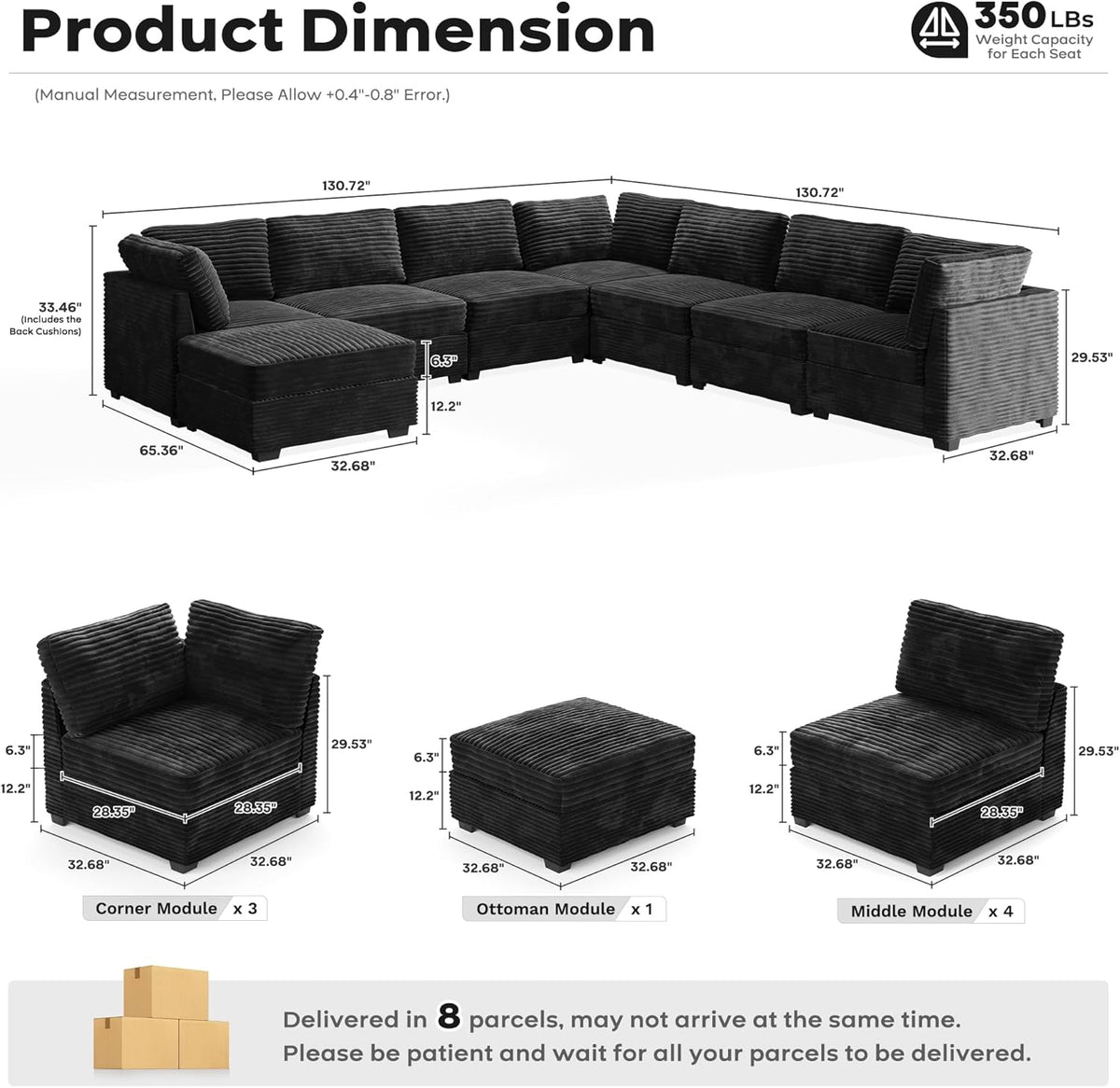 ovios Sectional Sofa Couch with L-Shape Chaise Ottoman, Comfy Modular Cloud Couches with Deep Seat