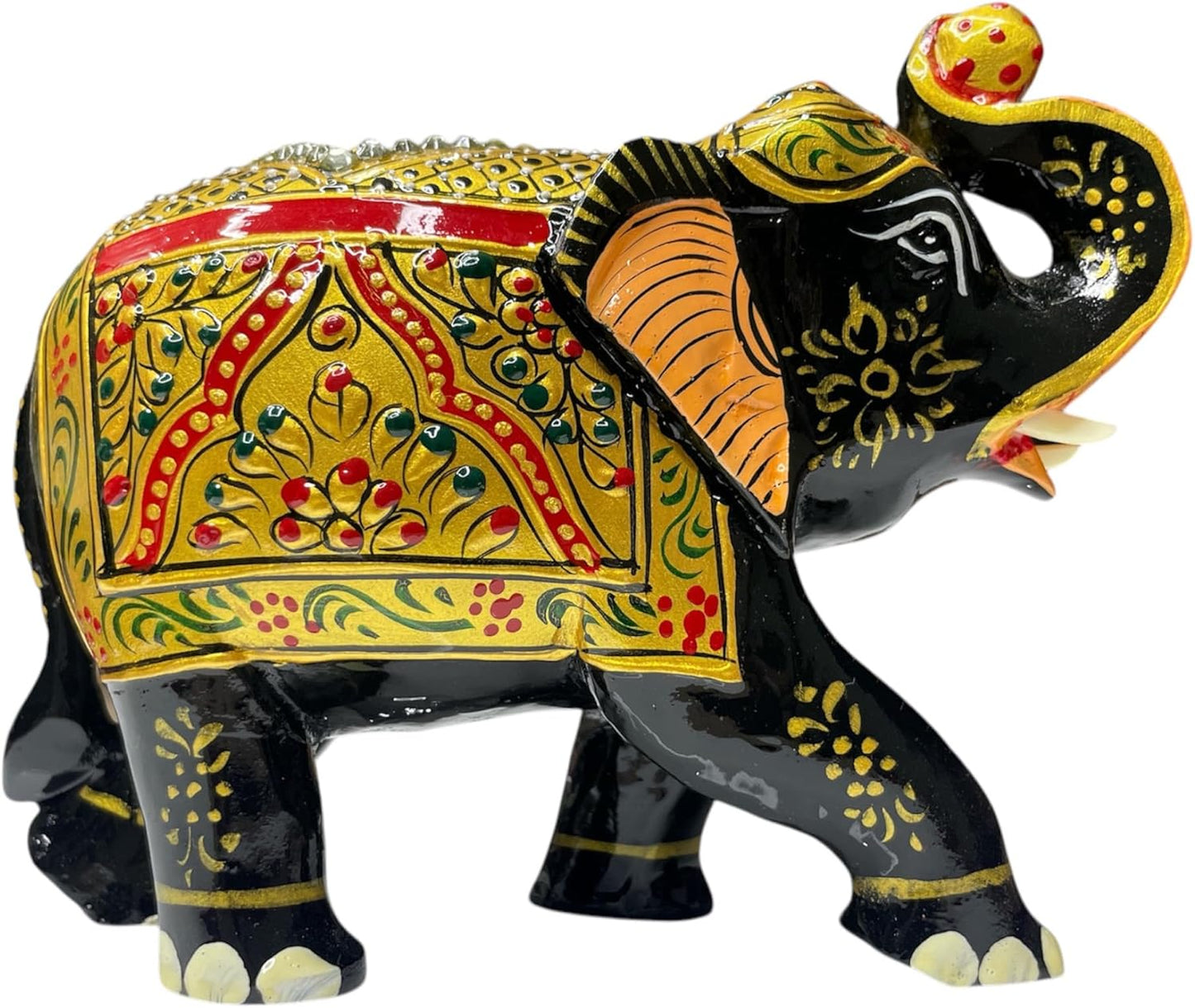 Handcrafted Wooden Elephant Figurine – Traditional Artwork, Gold & Gemstone Embellishments – Lucky