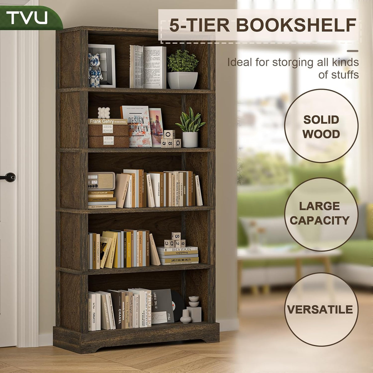 TVU 5-Shelf Wood Bookcase, 65 Inch Tall Bookshelf with Storage, Floor Standing Display Book Shelf