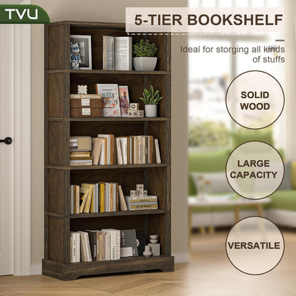 TVU 5-Shelf Wood Bookcase, 65 Inch Tall Bookshelf with Storage, Floor Standing Display Book Shelf