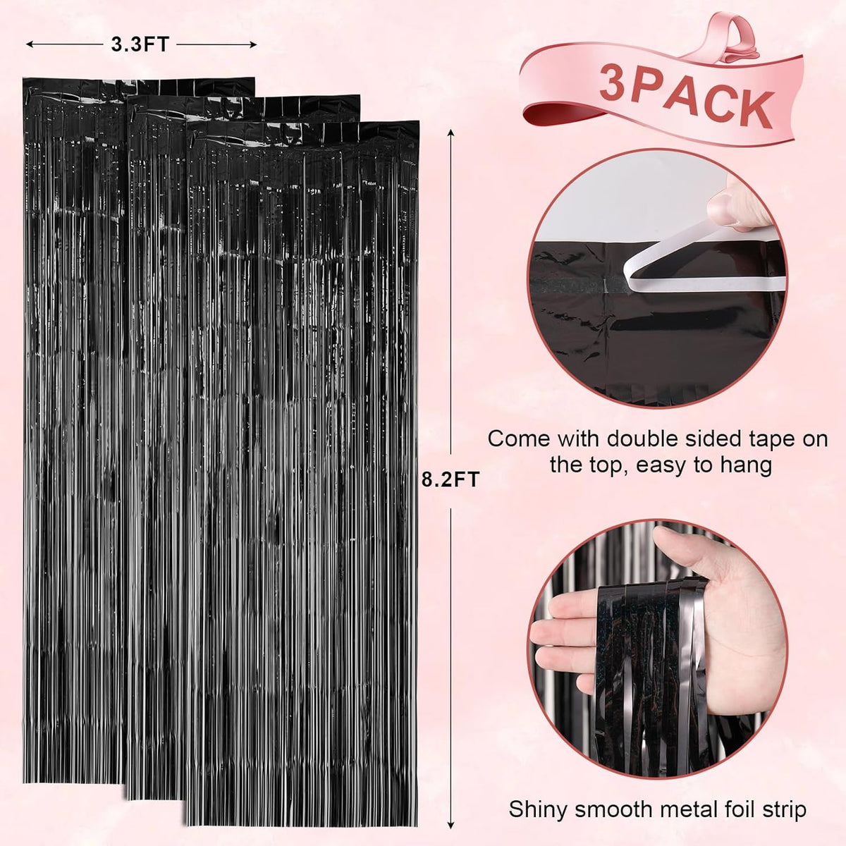 3 Pack 3.3 x 8.2 ft Laser Black Foil Fringe Backdrop Curtains, Tinsel Streamers Birthday Party