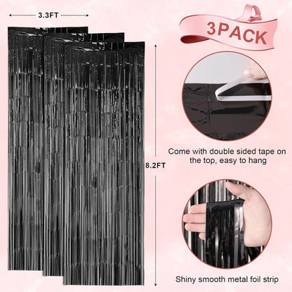 3 Pack 3.3 x 8.2 ft Laser Black Foil Fringe Backdrop Curtains, Tinsel Streamers Birthday Party