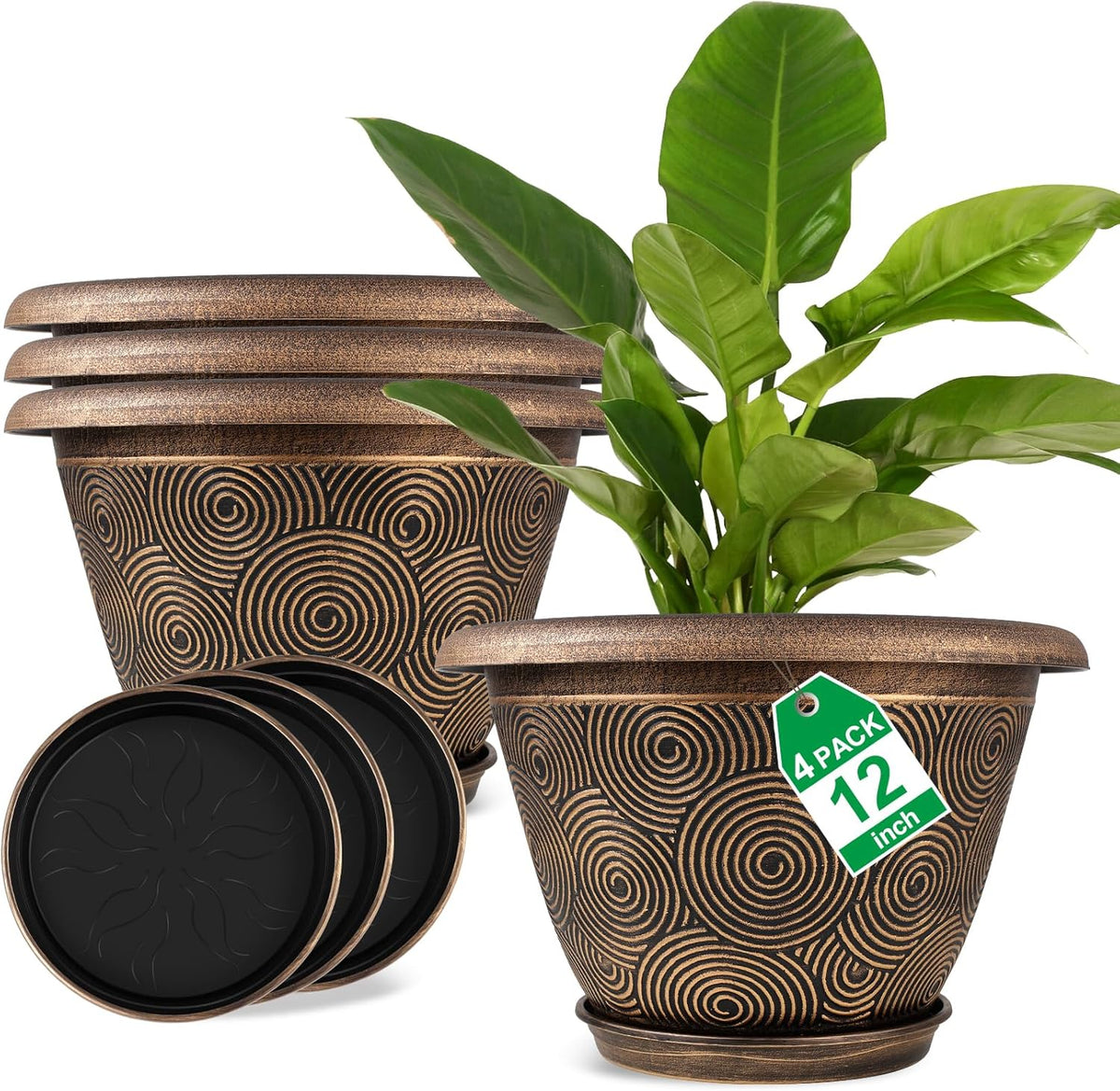 12 Inch Large Planter Pot for Plants Indoor Outdoor, 4 Pack Plastic Flower Pots with Drainage Hole