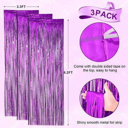 3 Pack 3.3x8.2 Feet Purple Foil Fringe Backdrop Curtains, Tinsel Streamers Birthday Party
