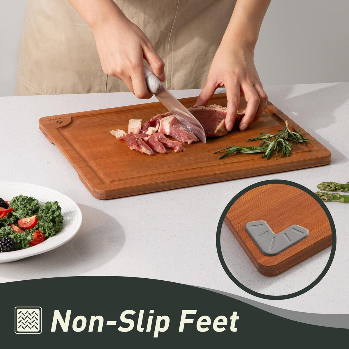 3 Packs Bamboo Cutting Board Set with Non Slip Feet Holder and Over Sink Nice Solid Thick Wood