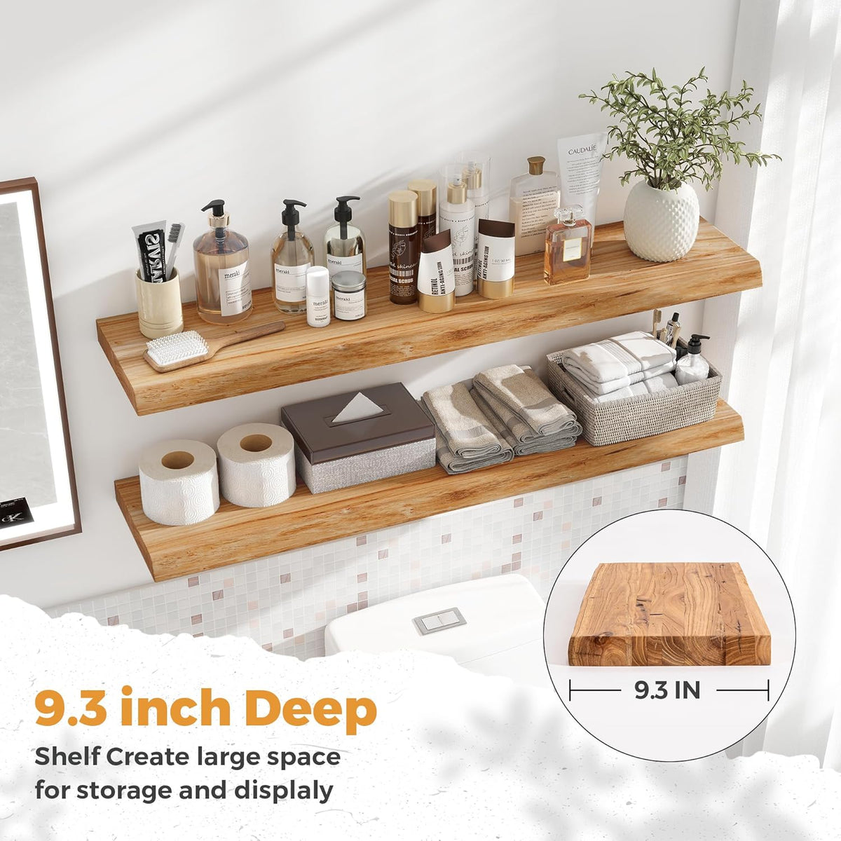 RICHFOCUS Live Edge Elm Floating Shelves - 40" W x 9.3" D Rustic Solid Wood Wall Shelves with