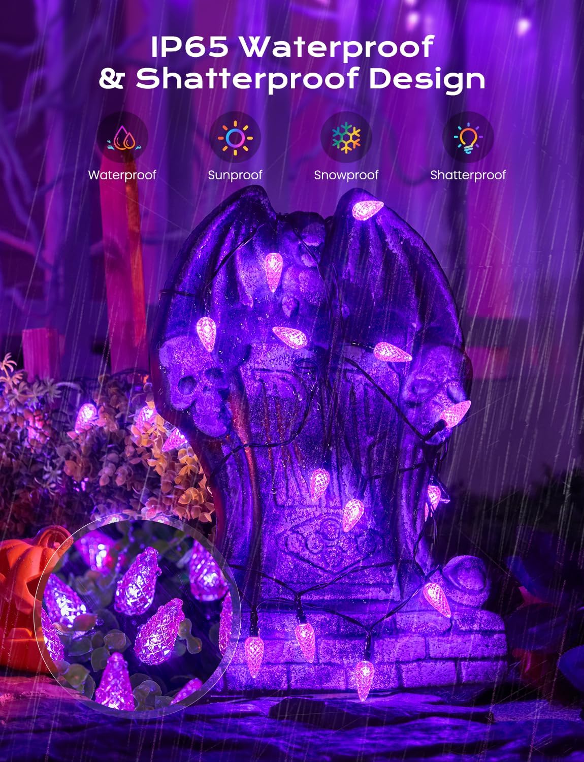 Brightown Solar Operated C6 Halloween Outdoor Lights, 22.64ft 50 LEDs Purple Halloween Lights