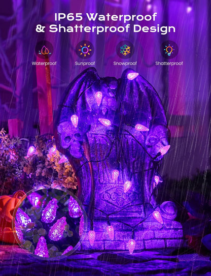 Brightown Solar Operated C6 Halloween Outdoor Lights, 22.64ft 50 LEDs Purple Halloween Lights