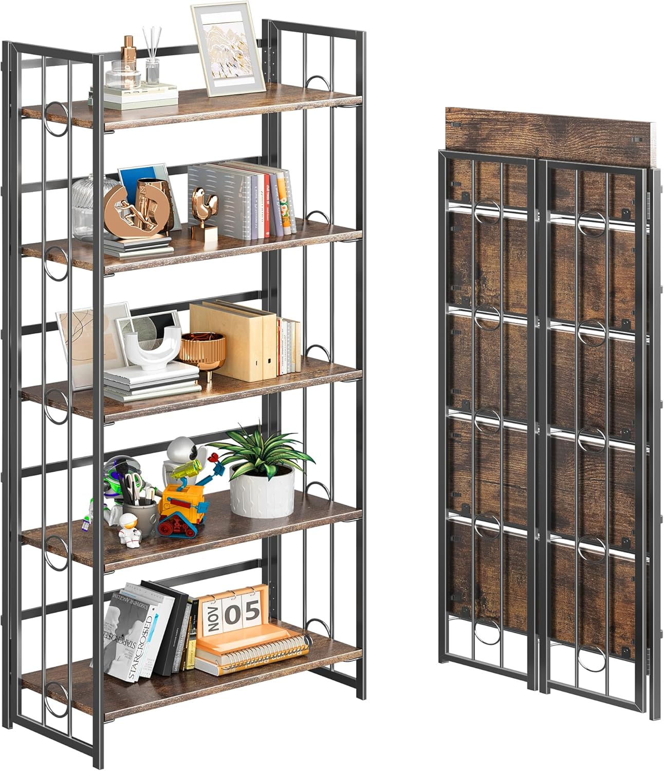 4NM No Assembly 5 Tiers Folding Bookshelf, 59.4" H Foldable Storage Shelves Vintage Bookcase