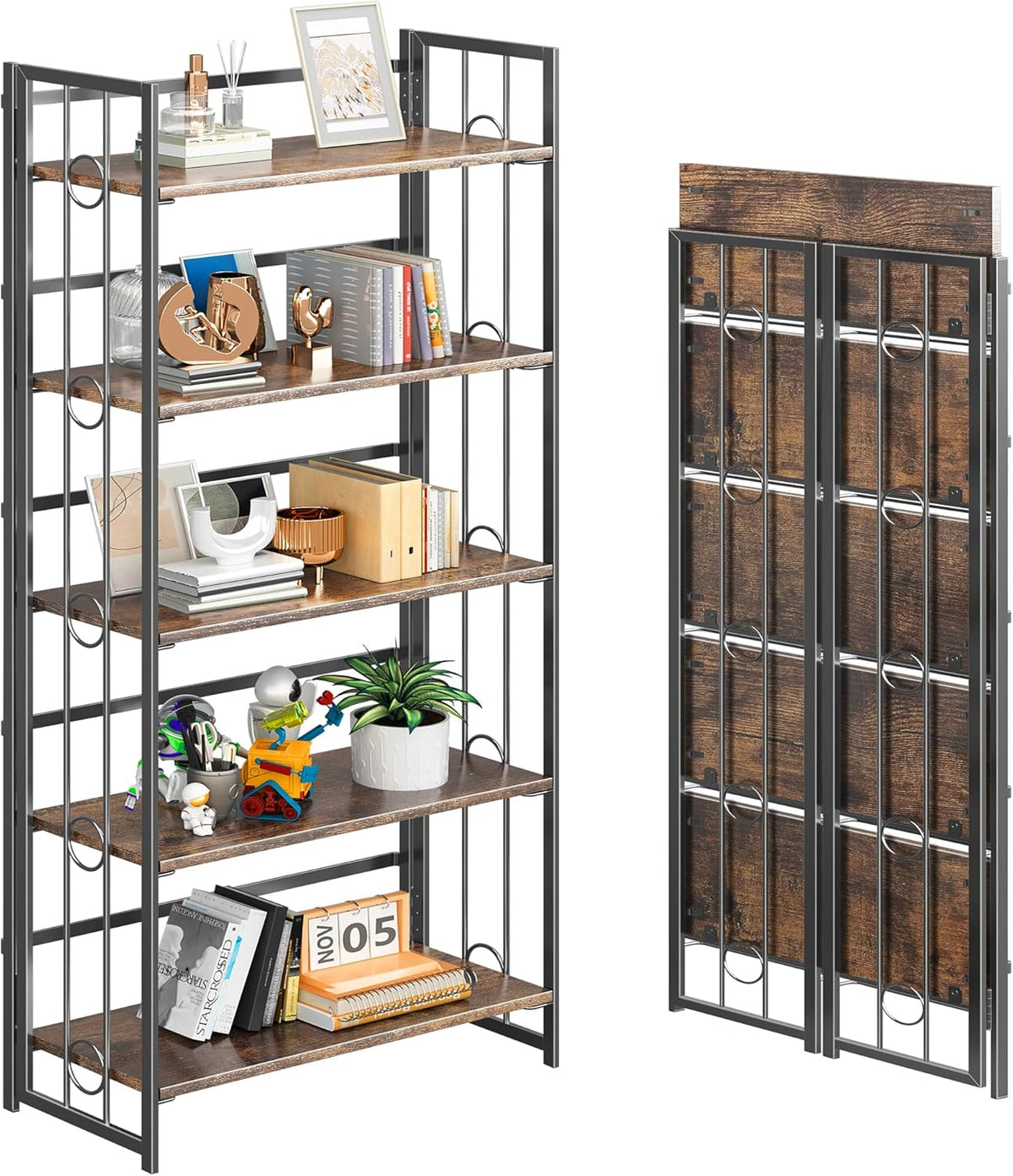 4NM No Assembly 5 Tiers Folding Bookshelf, 59.4" H Foldable Storage Shelves Vintage Bookcase