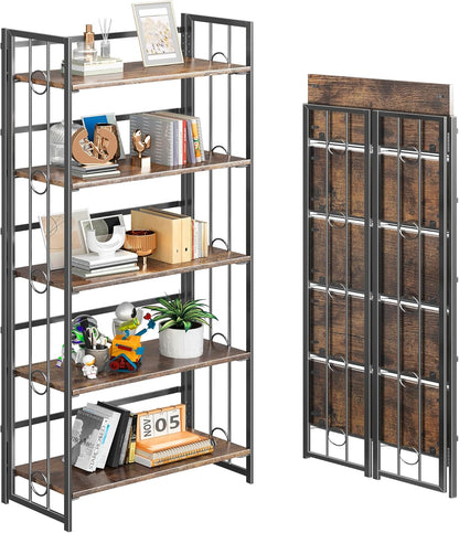 4NM No Assembly 5 Tiers Folding Bookshelf, 59.4" H Foldable Storage Shelves Vintage Bookcase