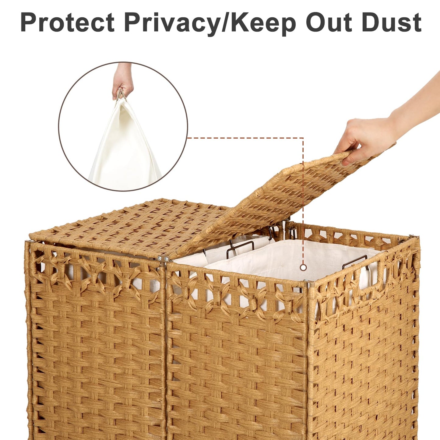 130L Foldable Laundry Hamper with Lid - Handwoven Rattan Storage Basket, 2-Section Clothes Hamper