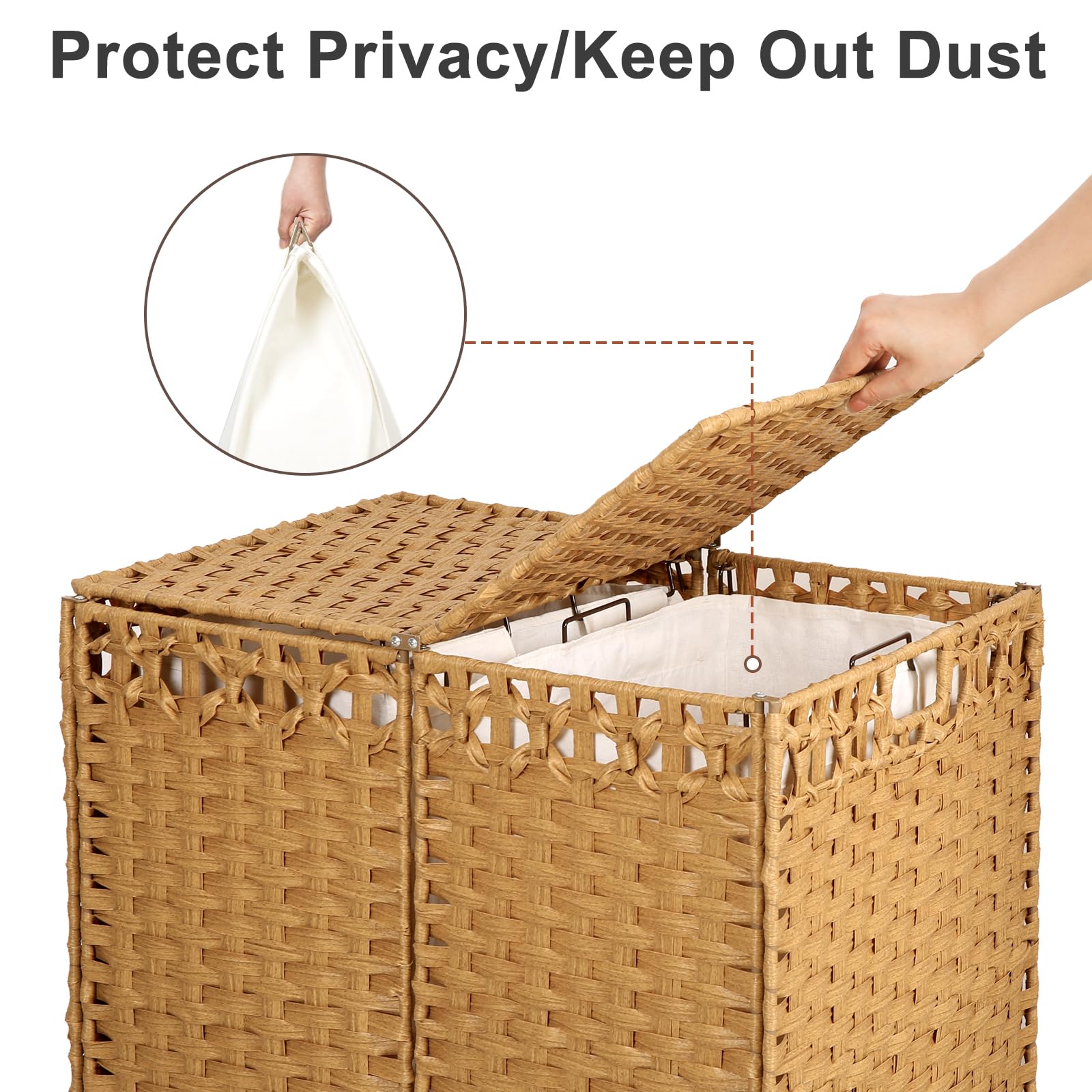 130L Foldable Laundry Hamper with Lid - Handwoven Rattan Storage Basket, 2-Section Clothes Hamper