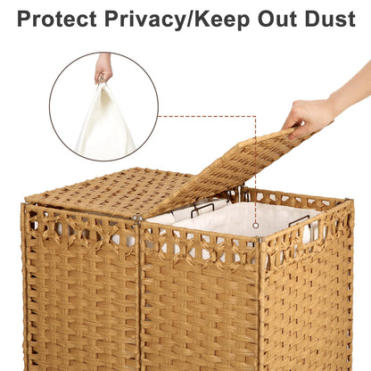 130L Foldable Laundry Hamper with Lid - Handwoven Rattan Storage Basket, 2-Section Clothes Hamper