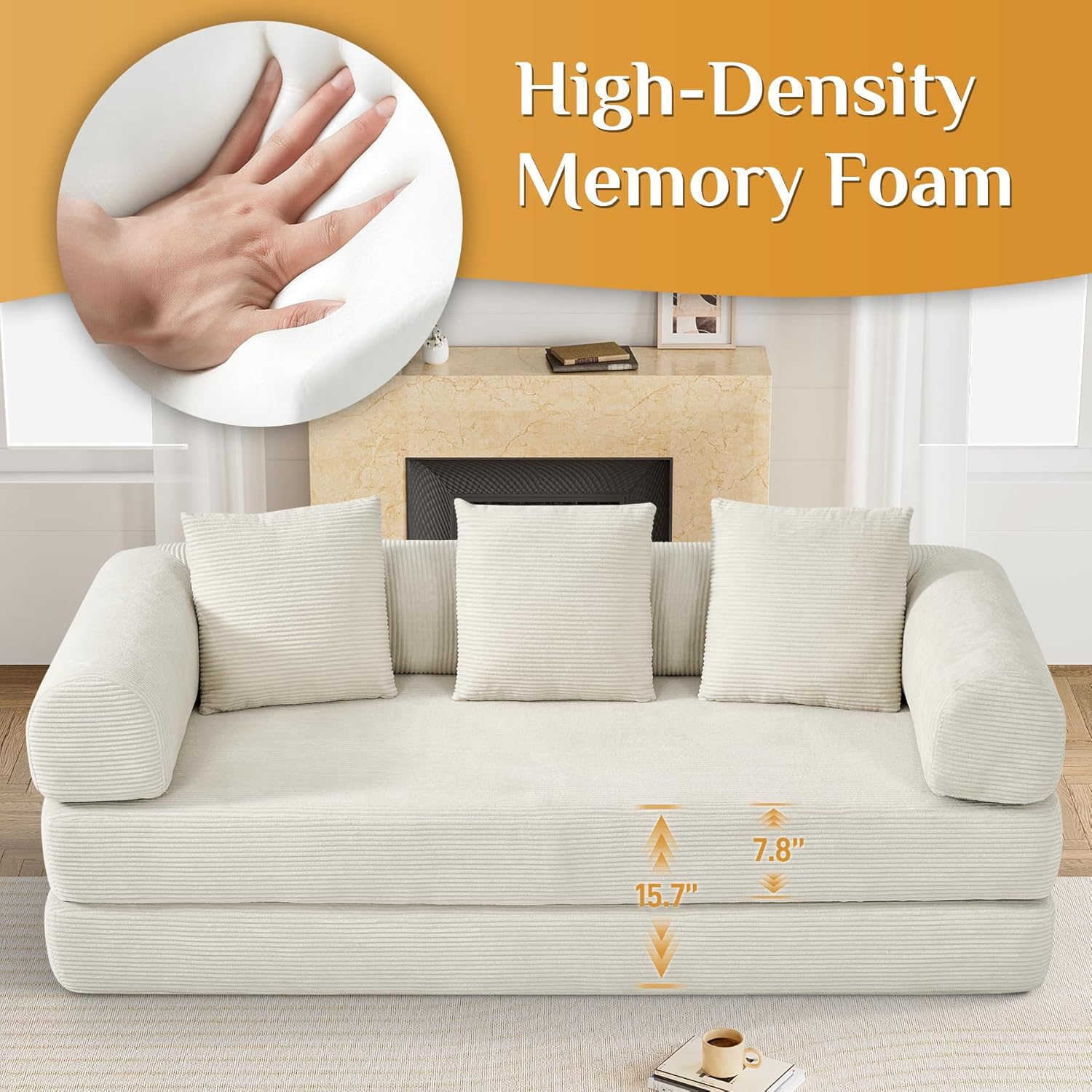 Convertible Sleeper Sofa Bed with Pillow, 4-in-1 Corduroy Folding Mattress Couch with Fixed-Shape