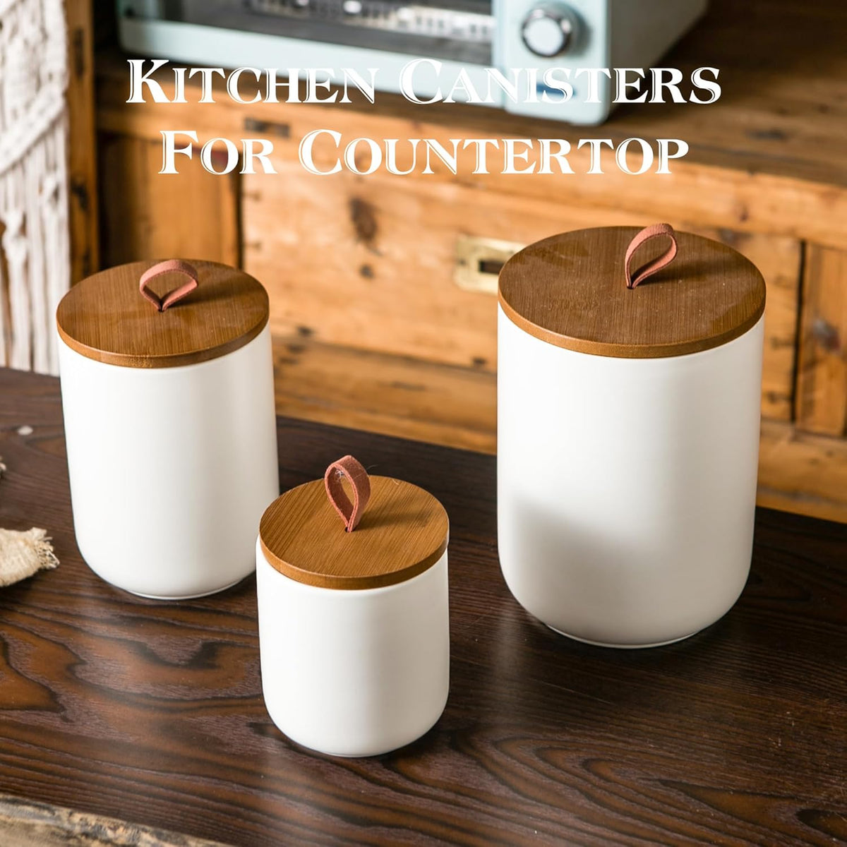 JOJUNO White Ceramic Canister Set with Wooden Lid, 3-Piece Airtight Food Storage Jars for Kitchen