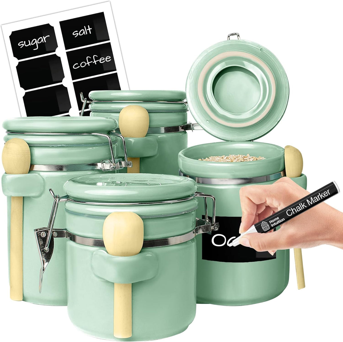Home Intuition 4-Piece Ceramic Kitchen Canisters Set, Airtight Containers with Wooden Spoons
