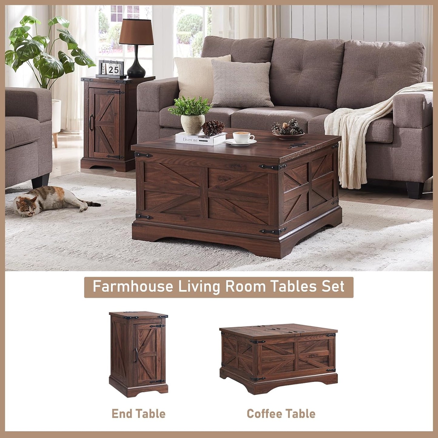 JXQTLINGMU Farmhouse Nightstand Set of 2 with Charging Station, 17" D Rectangular End Table with