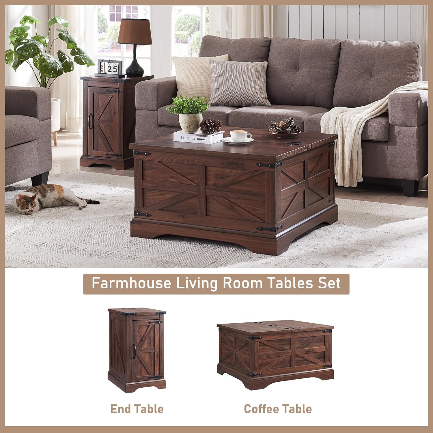 JXQTLINGMU Farmhouse Nightstand Set of 2 with Charging Station, 17" D Rectangular End Table with