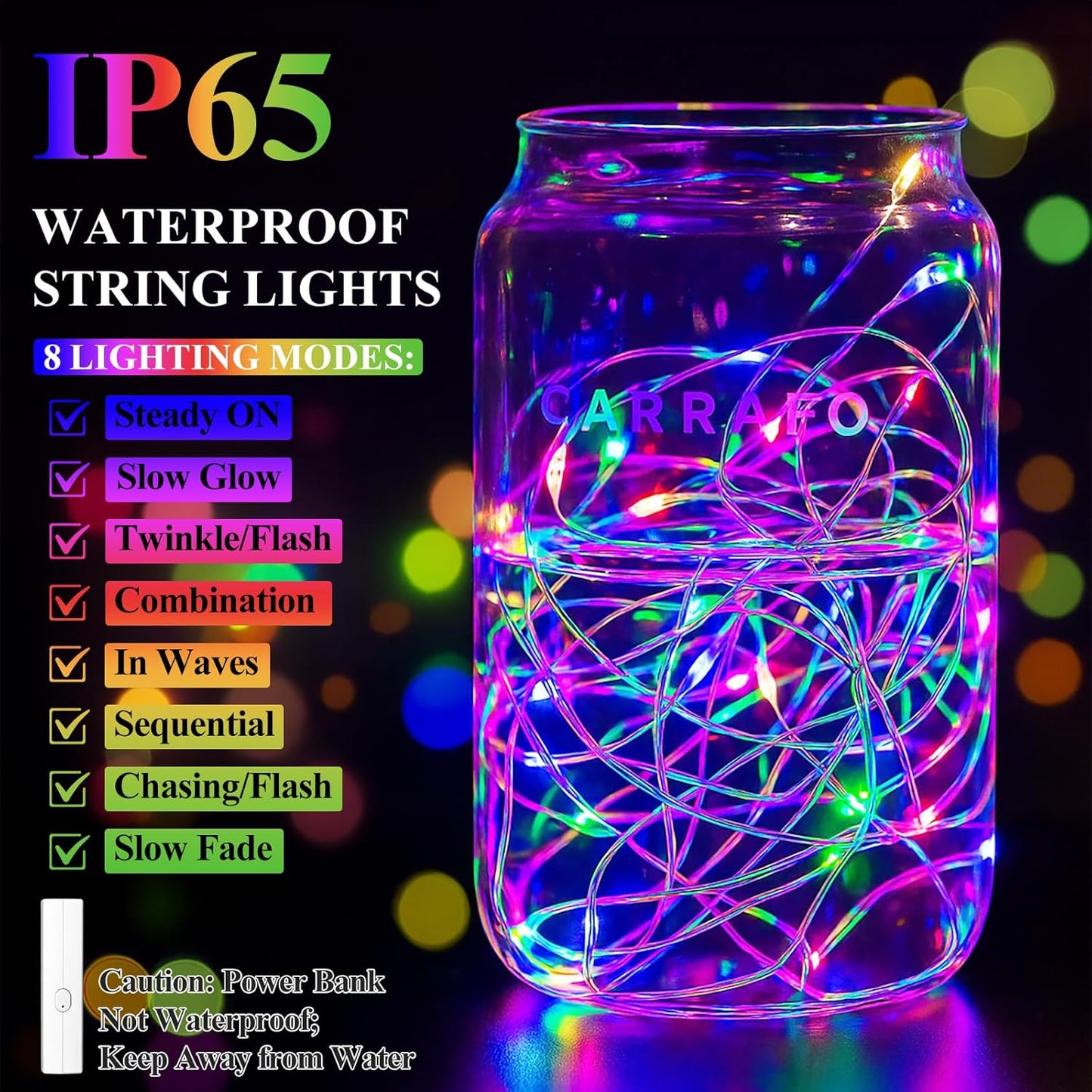 Lakumu 66FT(33 * 2) String Lights Battery Operated, LED Fairy Lights with Timer, Rechargeable