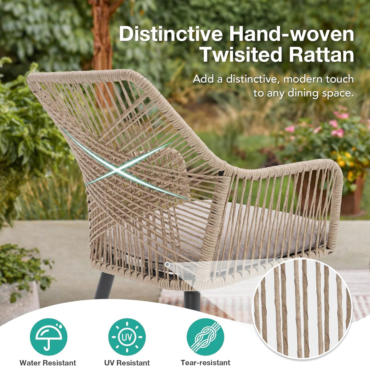 Patiorama Patio Dining Chair Set of 2, Woven Rope Outdoor Dining Chairs w/Steel Frame, All-Weather