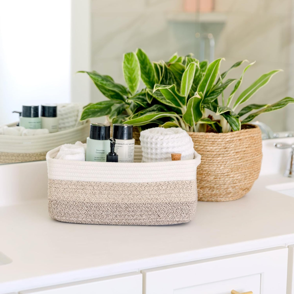 NaturalCozy 13.5”x8.5”x5.5” Storage Baskets for Shelves 3 Pack | Cotton Rope Woven Small Baskets