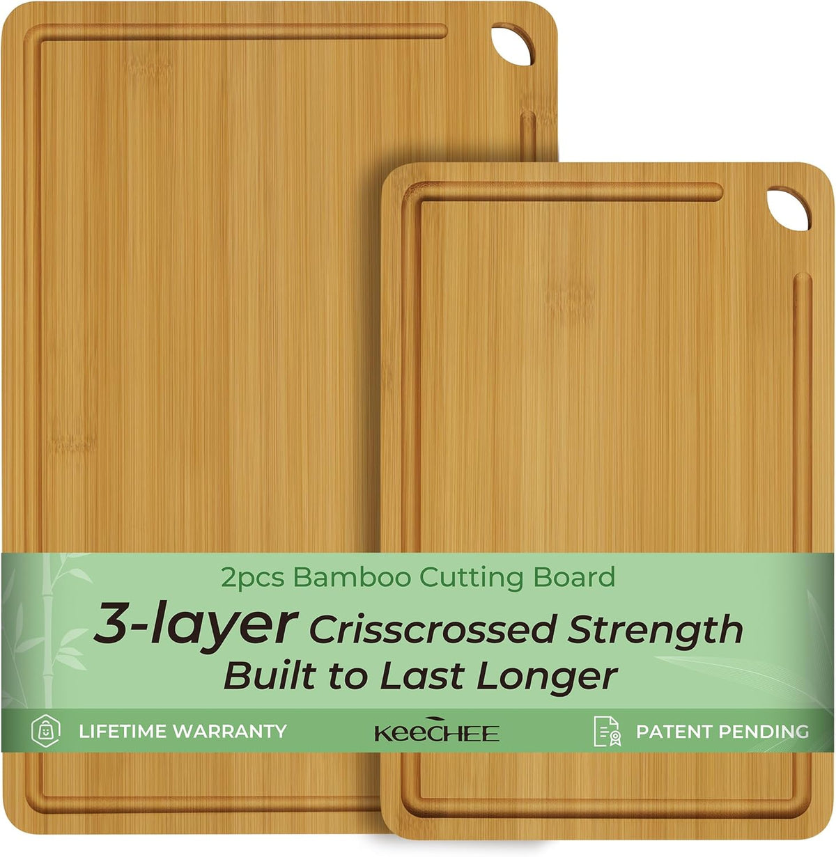 Chopping Board 2-Pcs Natural Bamboo Cutting Board With Juice Channels & Knife-Friendly Finish For