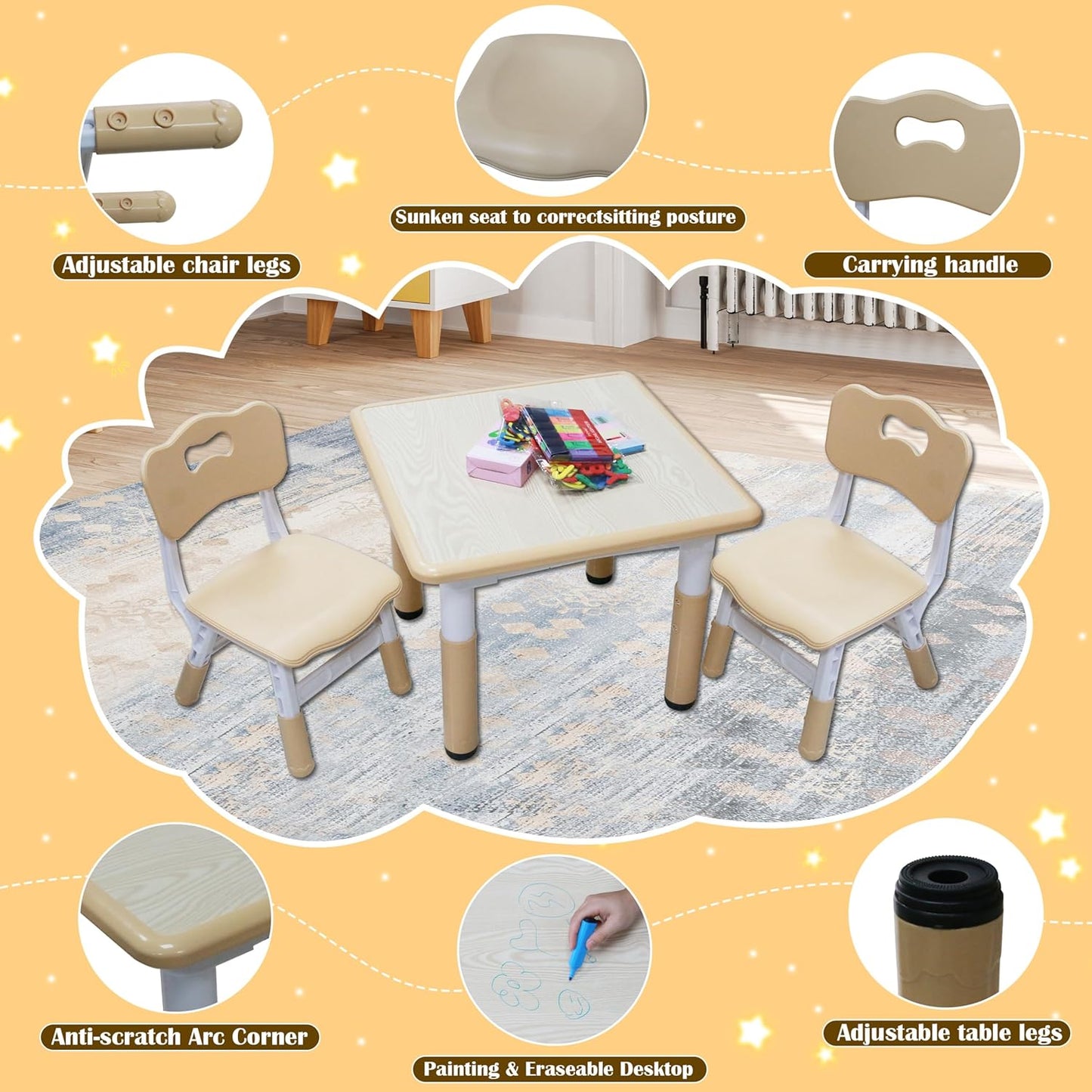 Kids Table and 2 Chairs Set with Graffiti Desktop, Toddler Furniture Set, Non-Slip Table Children