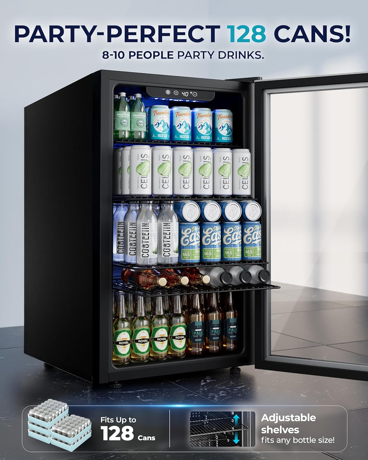 EUHOMY Beverage Refrigerator and Cooler, 128 Can Mini fridge with Glass Door, Small Refrigerator