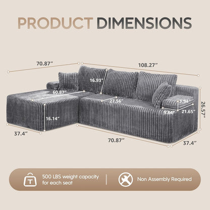 Hobestluk Modular Sectional Sofa Couches 108" L-Shape Couch 3 Seat Modular Sofa Memory Foam