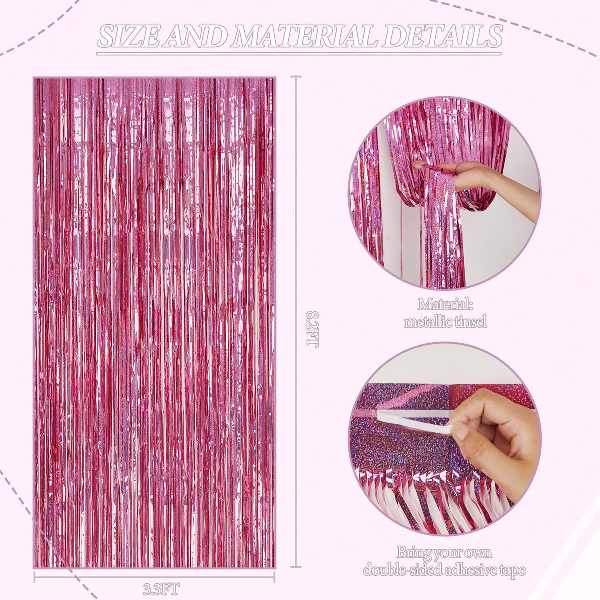 3 Pack Foil Fringe Backdrop - Laser Pink Shiny Tinsel Curtains for Party Decoration/Photo Booth