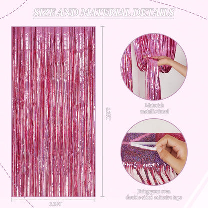 3 Pack Foil Fringe Backdrop - Laser Pink Shiny Tinsel Curtains for Party Decoration/Photo Booth