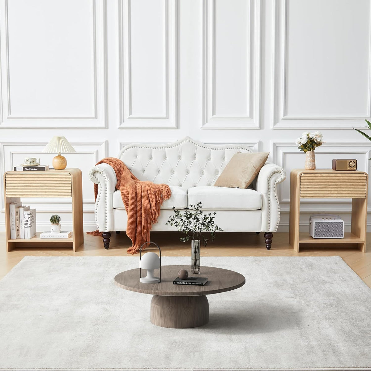 Fluted Nightstand with Charging Station, Mid Century Modern Bed Side Table End Table with Drawer