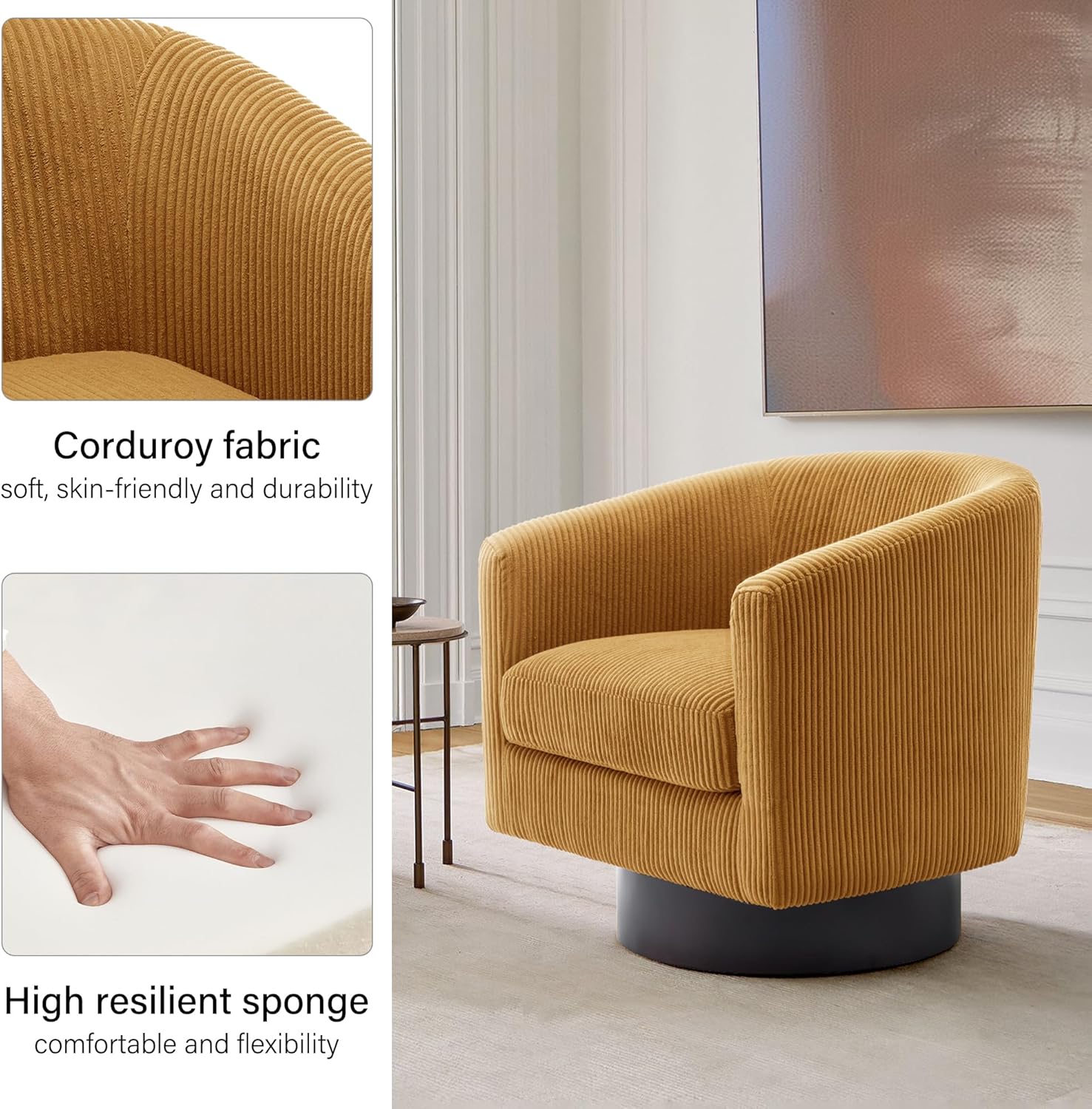 Swivel Barrel Accent Chair, Modern Round Corduroy Fabric Arm Chair for Living Room, Bedroom, Comfy