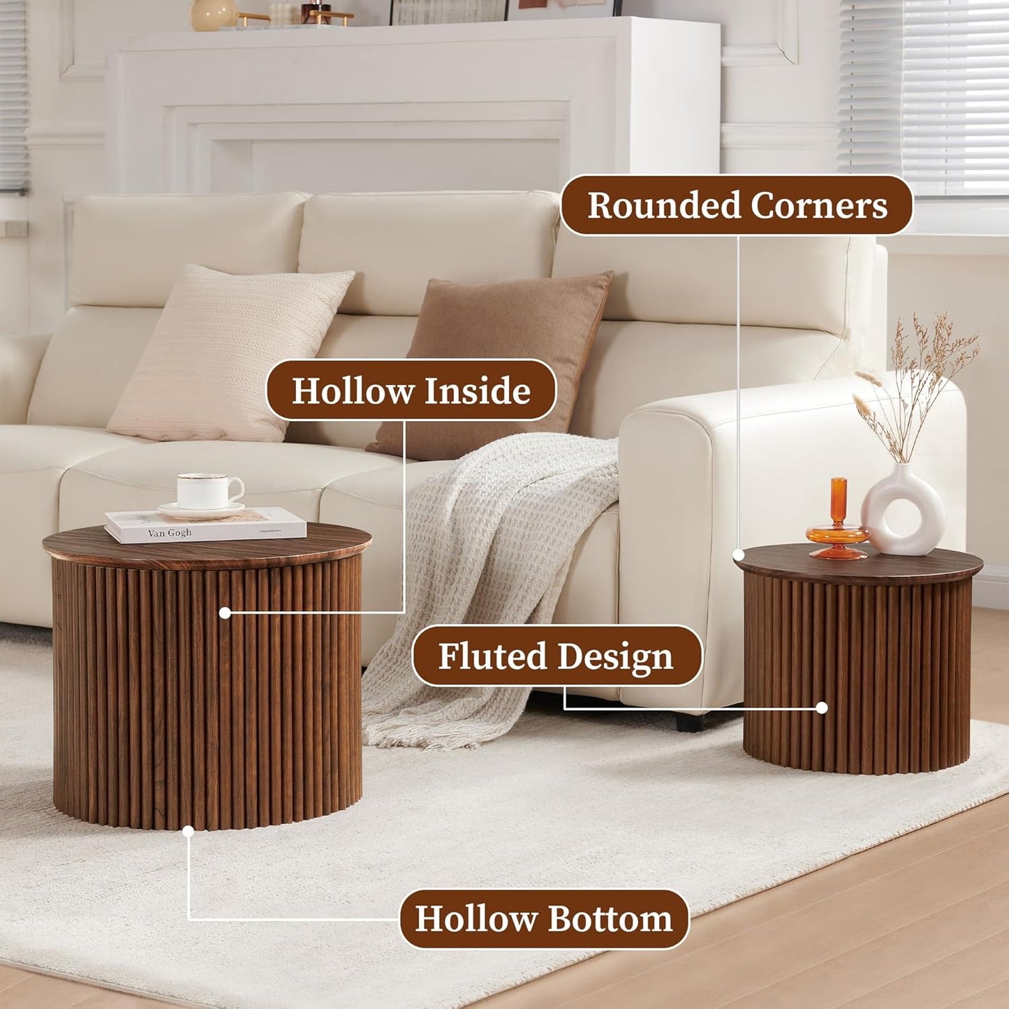 Small Fluted Round Nesting Coffee Table Set of 2, Mid Century Modern Coffee Table Circle Side