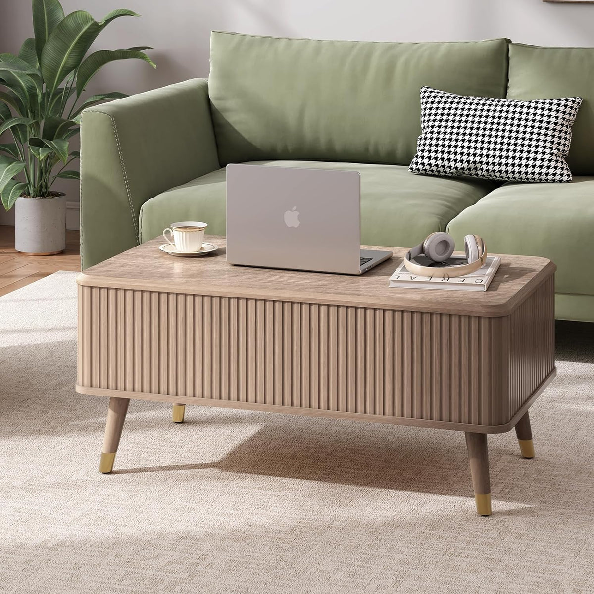 Lift Top Coffee Table with Storage Shelf & Hidden Compartment, Mid Century Modern Fluted Rectangle