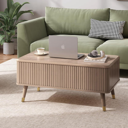Lift Top Coffee Table with Storage Shelf & Hidden Compartment, Mid Century Modern Fluted Rectangle