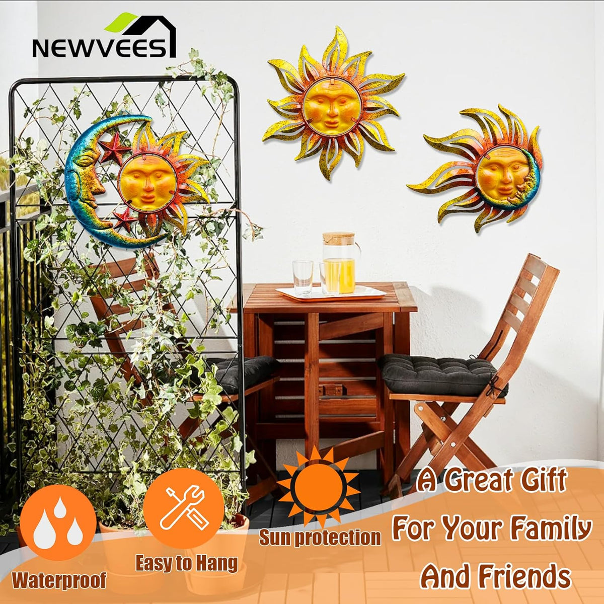 Sun Face Metal Wall Art Décor Outdoor Indoor, Sun Moon Star, Metal Glass Hanging for Garden Sun