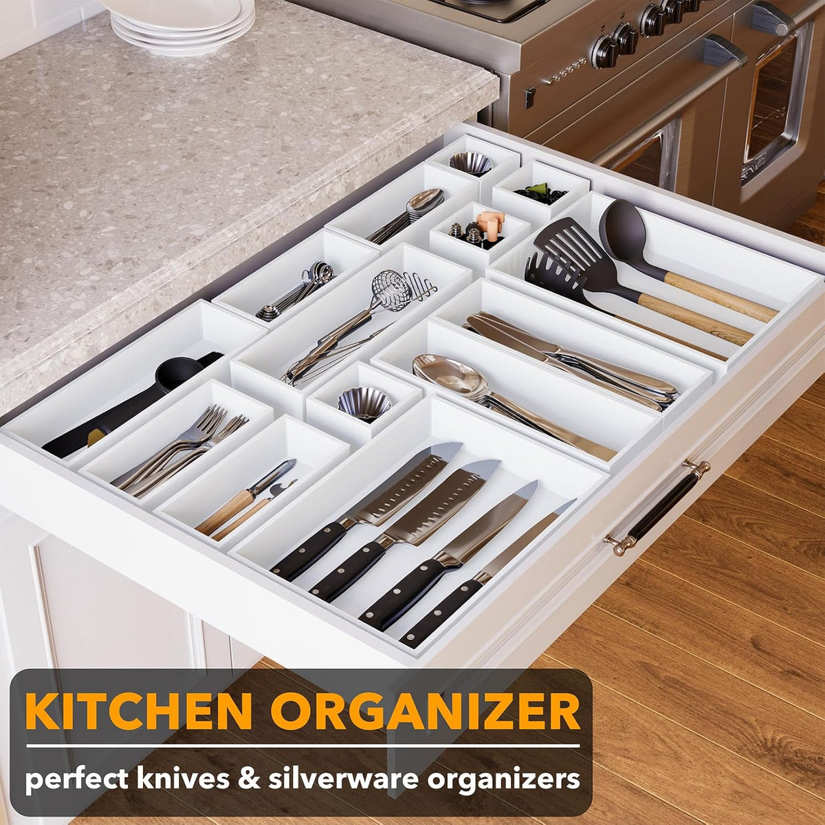 SpaceAid 14-Piece Bamboo Drawer Organizer Storage Boxes Set, Wood Tray Junk Drawer Organizers