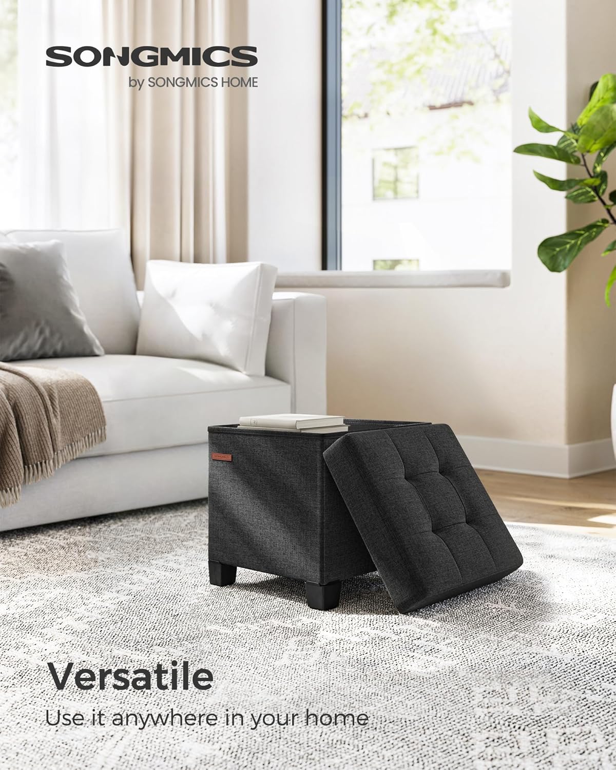 SONGMICS Storage Ottoman, Small Ottoman Foot Rest with Legs, 15 x 15 x 15.7 Inches Foot Stool, Load