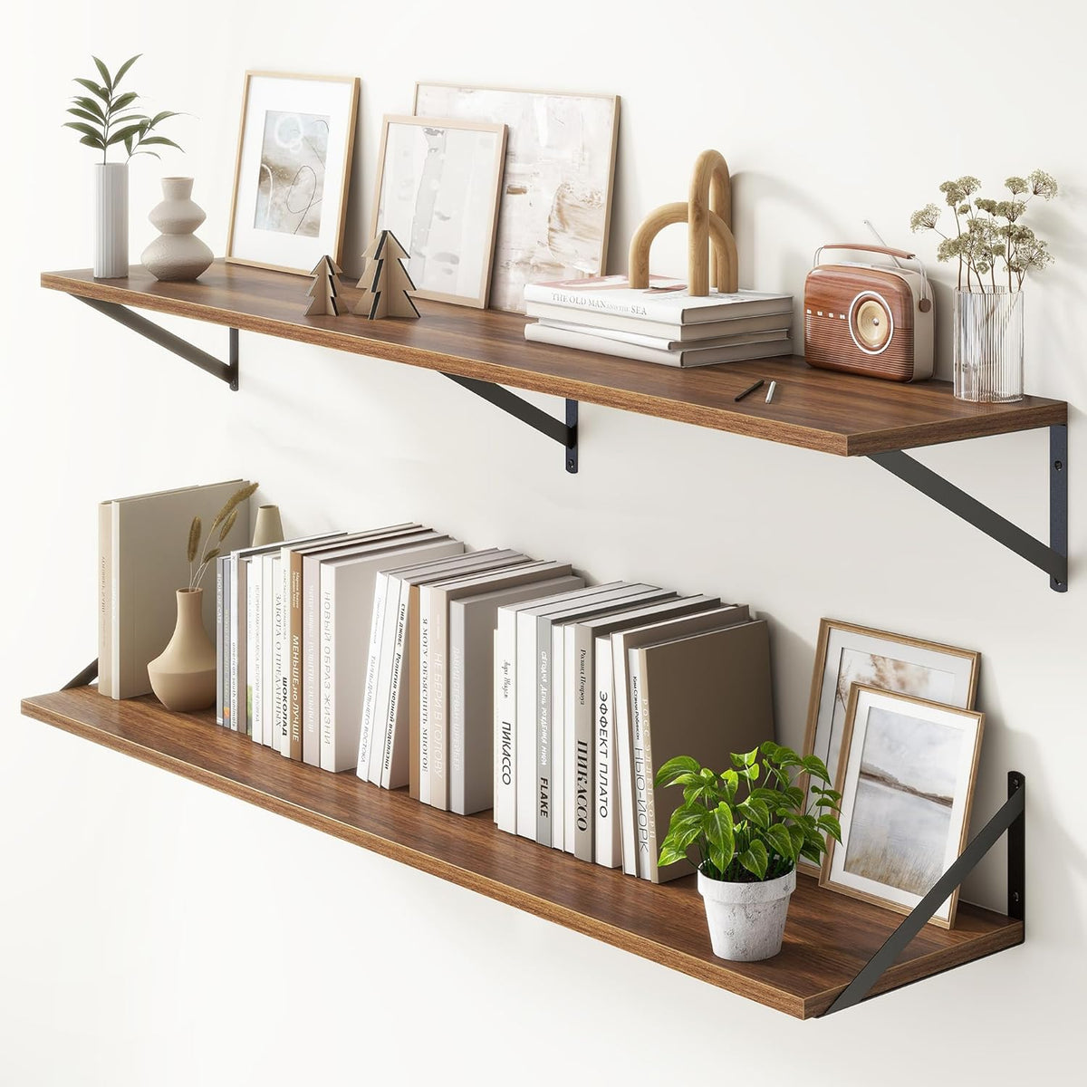 Floating Shelves 55 Inch Long, 10" Deep Floating Shelves, Walnut Wall Shelves 55 x 10, Set of 2