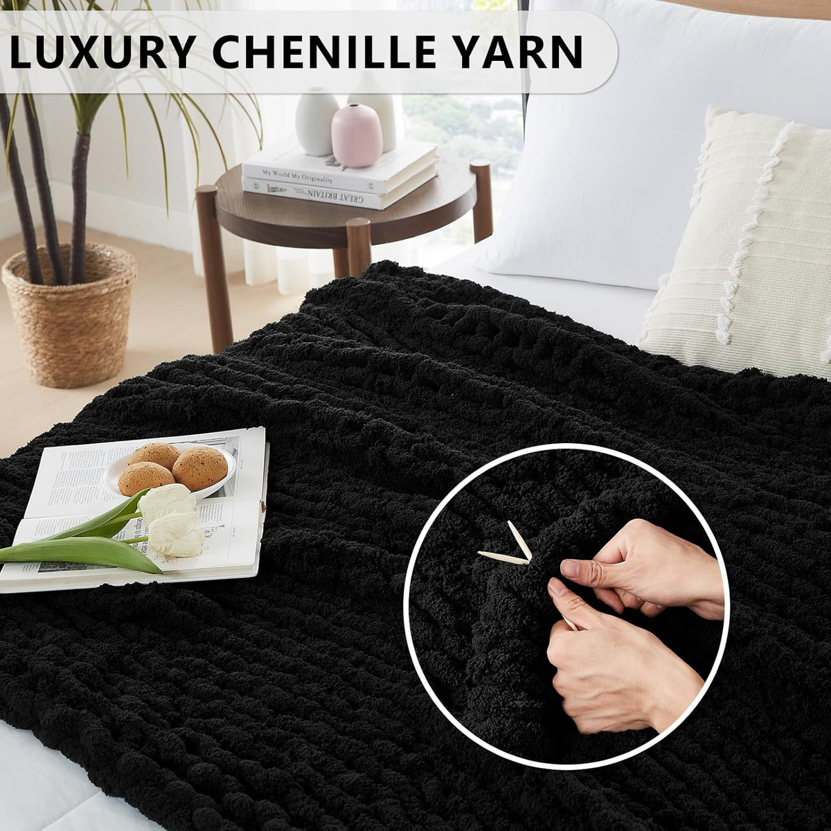 L'AGRATY Chunky Knit Blanket Throw: Soft Chenille Yarn Throw Blanket 50x60 - Handmade Thick Cable