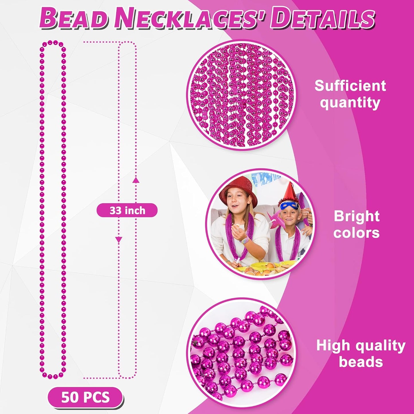 50PCS Bead Necklace, Metallic Mardi Gras Pink Bead Necklace, 33" Mardi Gras Round Beaded, Festival
