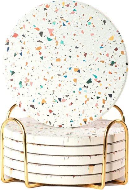 Terrazzo Drink Absorbent Coasters with Holder Set of 6, Ceramic Coaster for Drinks, Coffee Table
