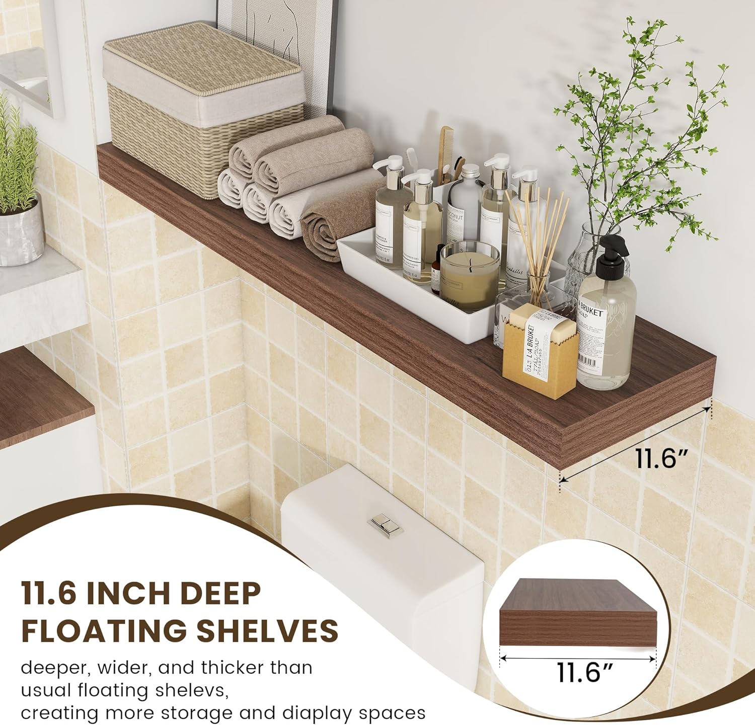 12 Inch Deep Floating Shelves, 48W x 12D Rustic Large Floating Shelves, Deep Walnut Wood Wall